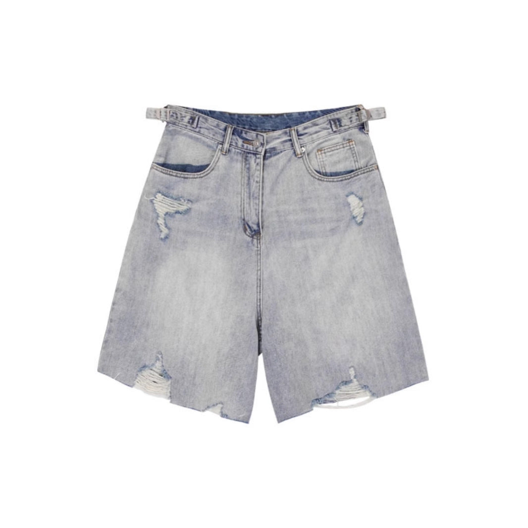 American Style Retro Washed Distressed Denim Shorts for Men Summer Cool Casual Loose Wide-Leg Five-Point Shorts