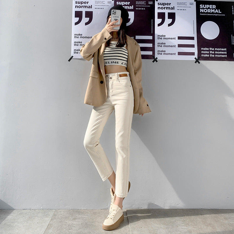 High Waist Gray Small Straight Jeans Women's Spring Clothes2025New Year's Slimming Asymmetric Cigarette Pants Nine-Tenths Length for Petite Figures