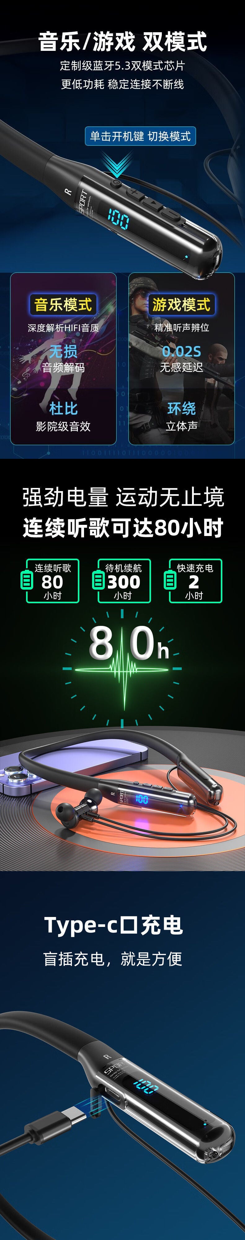 2025New Neckband Bluetooth Earphones Ultra-Long Battery Life Sports Super Bass Noise-Canceling Bluetooth Earphones Neckband