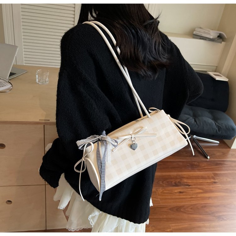 Dopamine Plaid Handbag Small Tote Bag for Women Summer2025New Ballet Style Bow Baguette Bag Underarm Bag Trendy