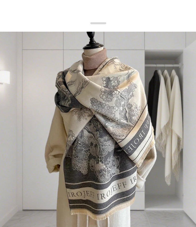 Light Luxury Style Imitation Cashmere Jacquard Shawl for Women Winter Warm Double-Sided Printed Landscape Scarf Outerwear Layering Neck Warmer
