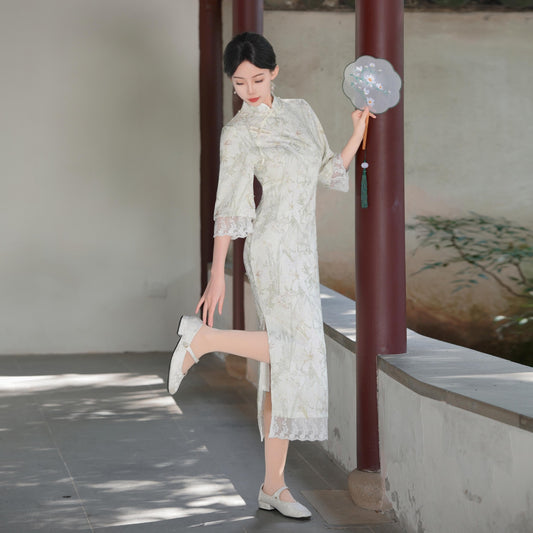 Vintage Cheongsam Improved Version Dress with Oversized Sleeves Elegant Artistic Long Style2025Spring and Summer New Wholesale