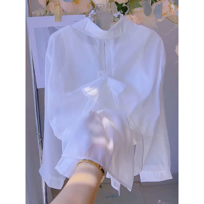 2025Summer Gentle Sweet Back Bow Pearl Sunscreen Blouse for Women Thin Sheer Chiffon Shirt Top