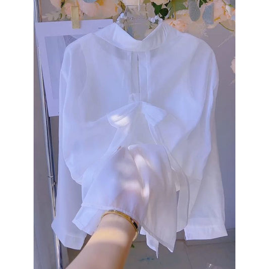 2025Summer Gentle Sweet Back Bow Pearl Sunscreen Blouse for Women Thin Sheer Chiffon Shirt Top