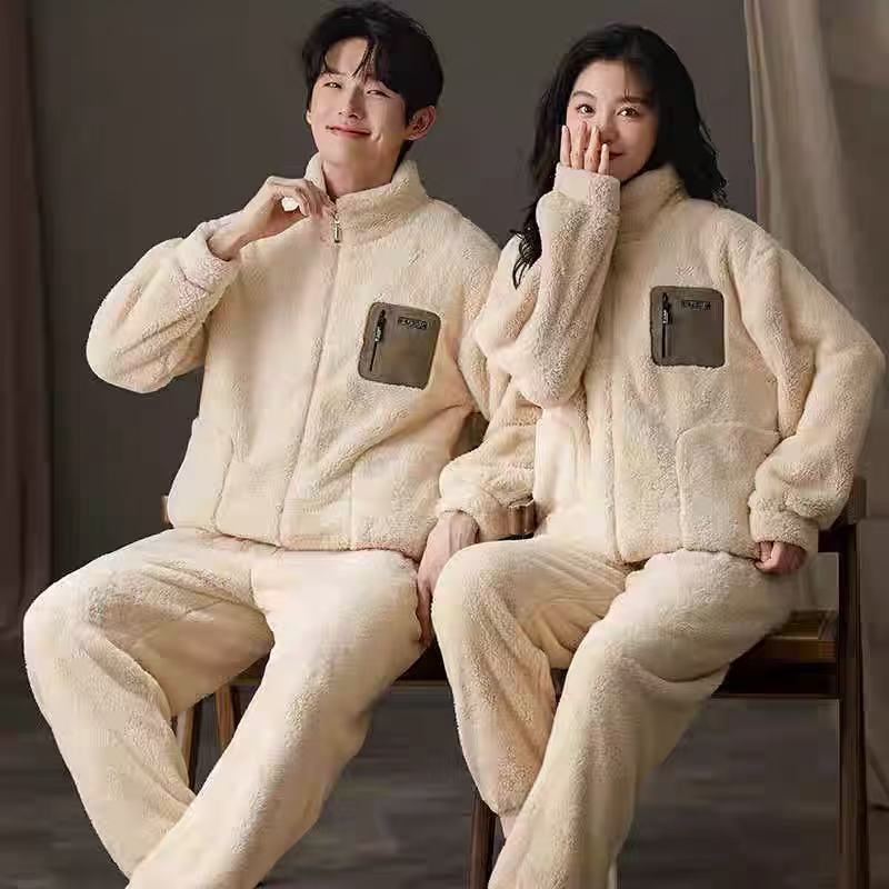 New Warm Coral Fleece Couple Set Pajamas Winter Plus Size Thickened Set Homewear