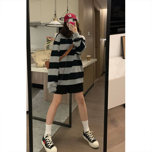 Striped Sweatshirt for Back-to-School Season Spring and Autumn oversize Black and Gray Women Slimming Loose Lazy Couple Student ins Tide