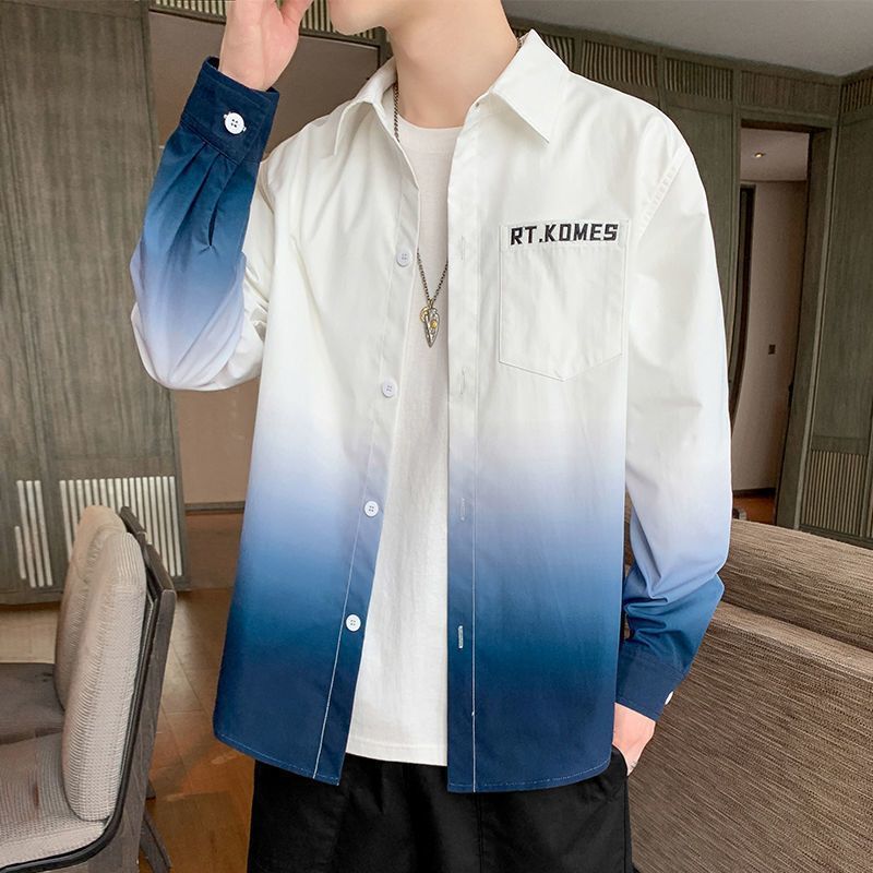 Gradient Long Sleeve Shirt for Men, Spring and Summer Loose Thin Jacket, Korean Style Trendy Casual ins Fashion Brand Sunscreen Shirt