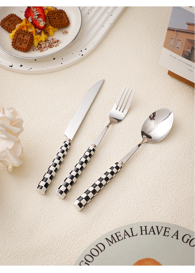 ins Checkerboard Pattern Western Steak Knife and Fork Ceramic Handle Stainless Steel Fork Spoon Dessert Cutlery Set Three-Piece Set