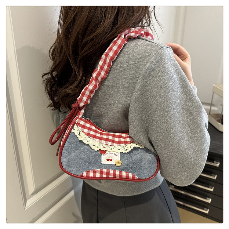 Super Popular Crossbody Bag for Women2025New Plaid Fabric Bag Wrinkled Color-Block Shoulder Bag Popular Commuter Small Square Bag