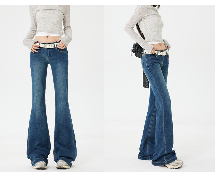 American Style Spicy Girl Retro Flared Jeans for Women Spring and Autumn2025New dark blue low-waist wide-leg floor-length pants