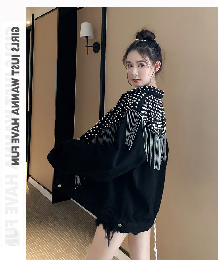 European and American New Style Tassel Heavy Embellished Rhinestone Rivet Long Sleeve Korean Version Loose Slimming Fashion Beaded Denim Jacket for Women