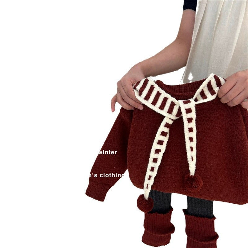 【Sweet Little Chef】New Year Red Sweater2025Autumn Winter Layered Shawl Knitted Sweater Top Girls' Set Trendy