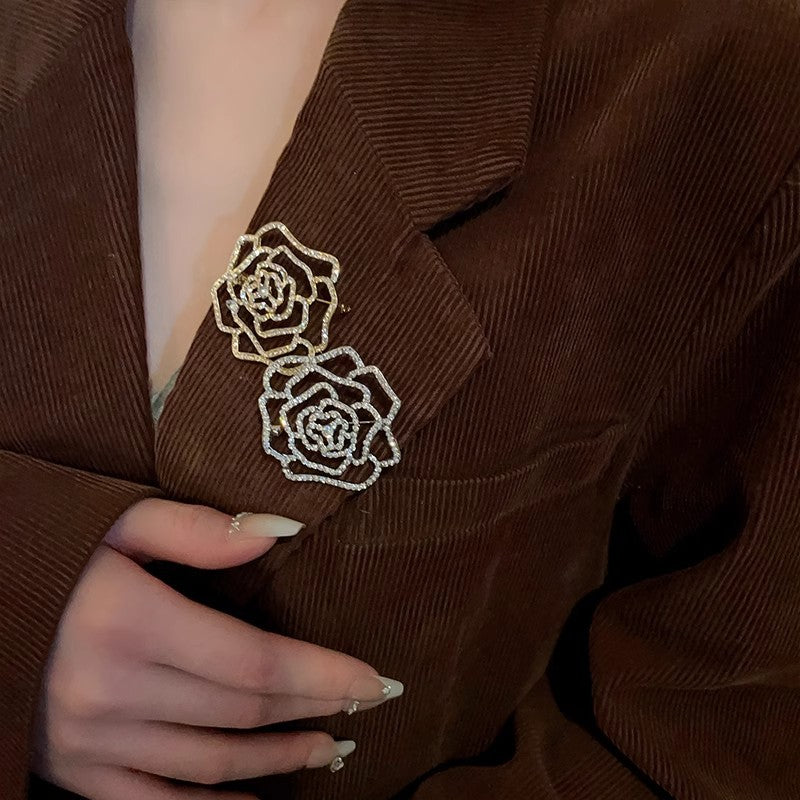Real Gold Plated Zircon Flower Brooch Niche Light Luxury High-end Elegant Brooch High-end Women's Dress Accessories Wholesale