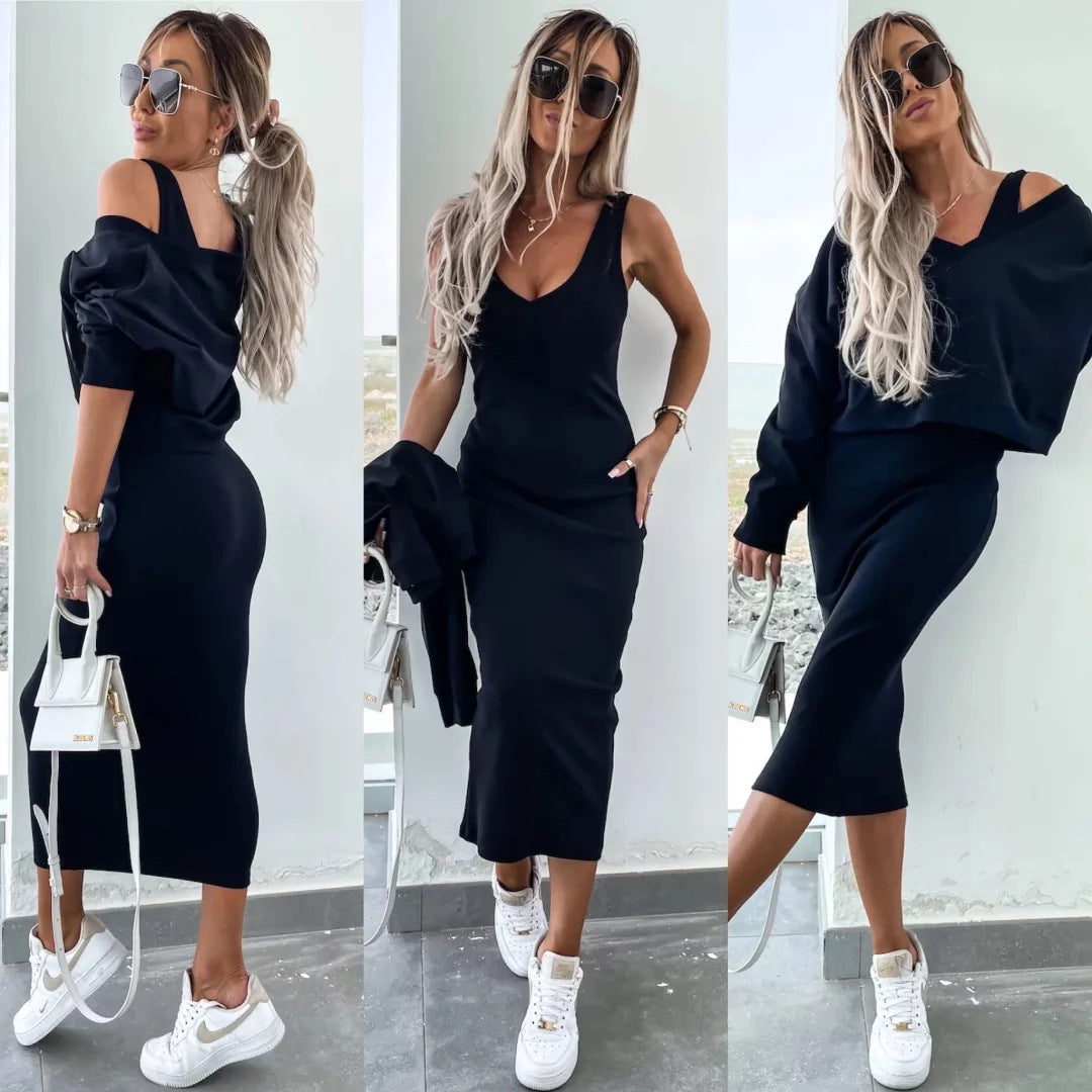 Amazon European and American Cross-Border New Spring Summer Women's Solid Color Clothing V Collar Long Sleeve Sweater Sling Slim Fit Long Dress2Set