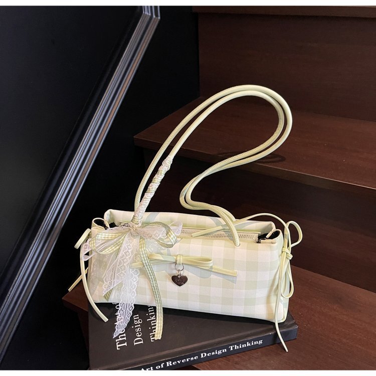 Dopamine Plaid Handbag Small Tote Bag for Women Summer2025New Ballet Style Bow Baguette Bag Underarm Bag Trendy