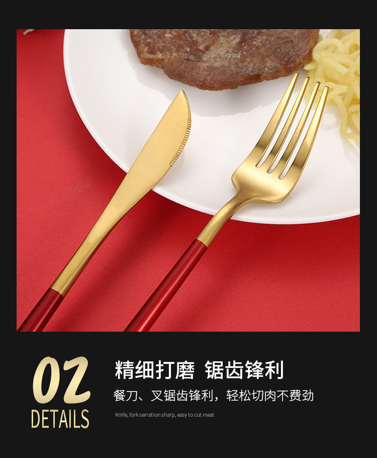 Cross-Border304Stainless Steel Portuguese Cutlery Set Knife Fork Spoon Round Handle Thick Western Cutlery Nordic Hotel Steak Knife