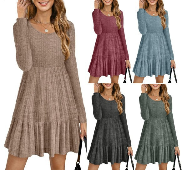 2023Autumn and Winter TEMU Amazon European and American Women's Fashion Cross-Border New Striped Round Neck Knitted Sweater Dress for Women