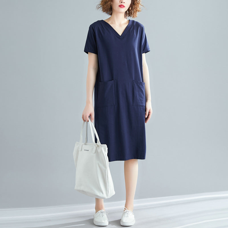 Plus Size Women's Summer Loose Korean Style Mid-Length Dress T Shirt and Skirt for Plus Size mm Solid Color V Collared Slimming Short Sleeve Dress