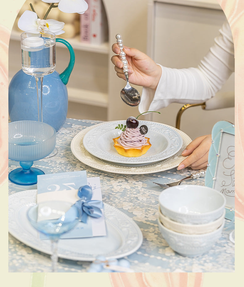 French Style Tableware Bowl and Plate Set for Home Use, High Aesthetic Value for Girls, Cute Ceramic Bowl Set, New Embossed Tableware