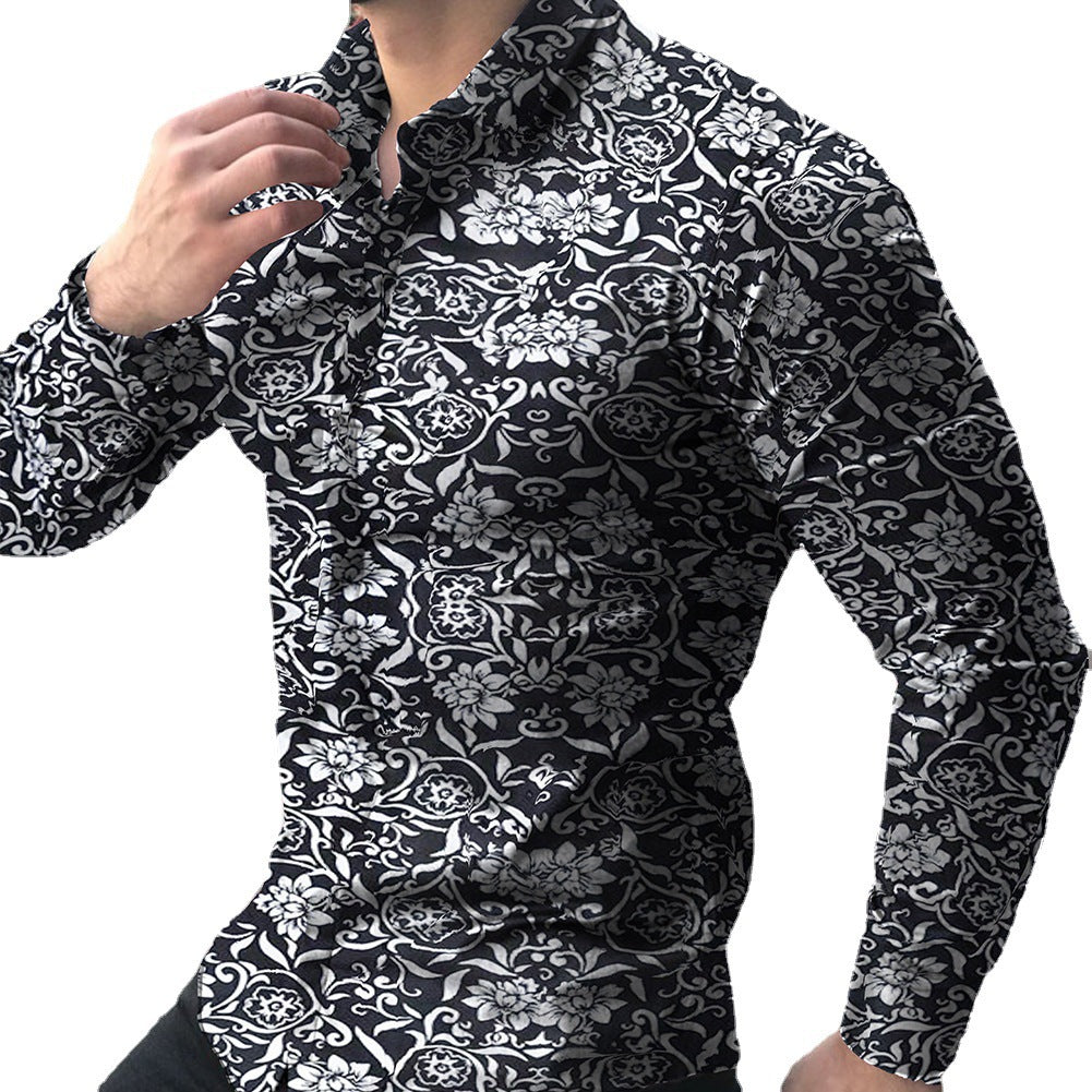 Spring and Autumn Long Sleeve Shirt Cross-Border European and American Printed Shirt Amazon Men's Casual Floral Shirt Slim Fit Shirt for Men
