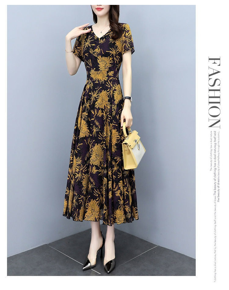 2022Summer New Chiffon Floral Dress Slimming Waist Plus Size Women mm Tummy-Covering Elegant Long Dress
