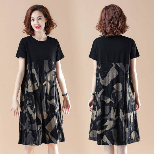 Plus Size Women's Loose Fit Clothing MM Mid-length printed camouflage patchwork short-sleeve dress for women2021Summer Clothing