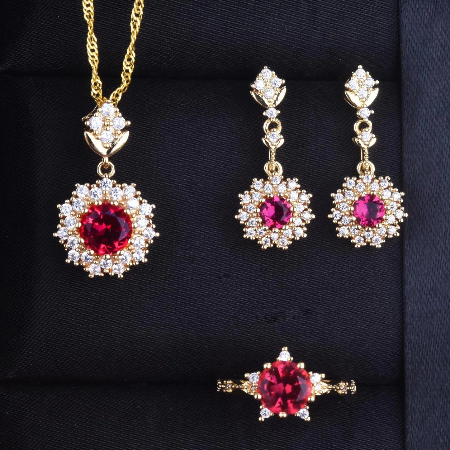 Jewelry Set Non-Fading Exquisite Collarbone Chain Ring Pendant Earrings Plated18K Gold Sparkling Diamond Amethyst Necklace for Women