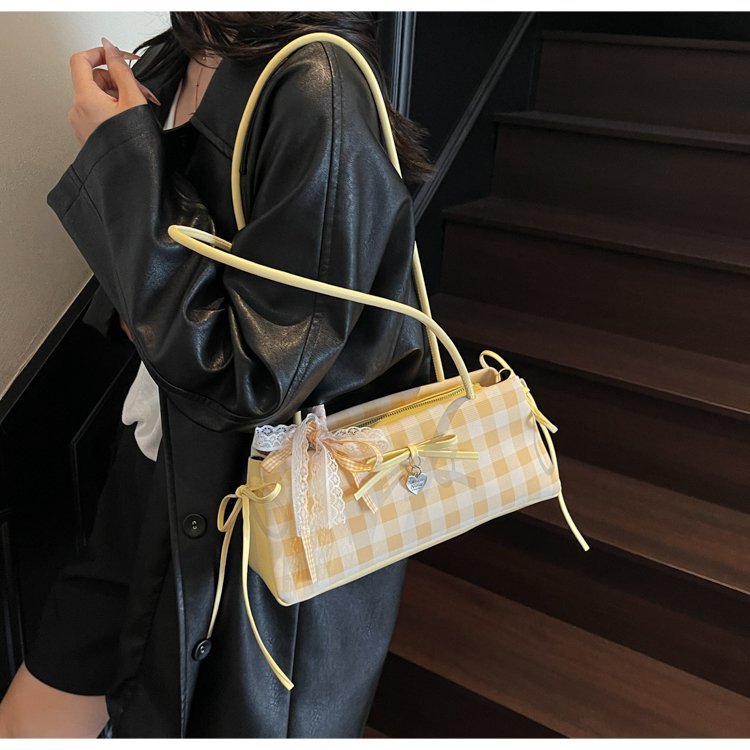 Dopamine Plaid Handbag Small Tote Bag for Women Summer2025New Ballet Style Bow Baguette Bag Underarm Bag Trendy