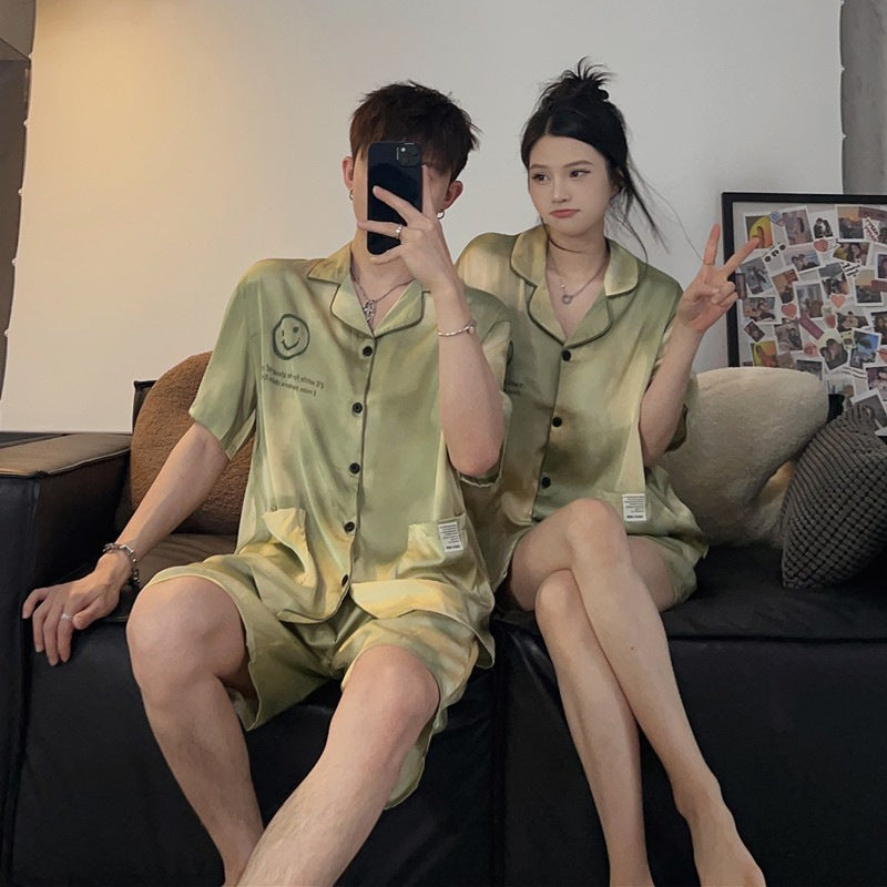 Wholesale Thin Couple Pajamas for Women Spring Autumn Summer Ice Silk Homewear Summer Men's Hot Short Sleeve Shorts Set