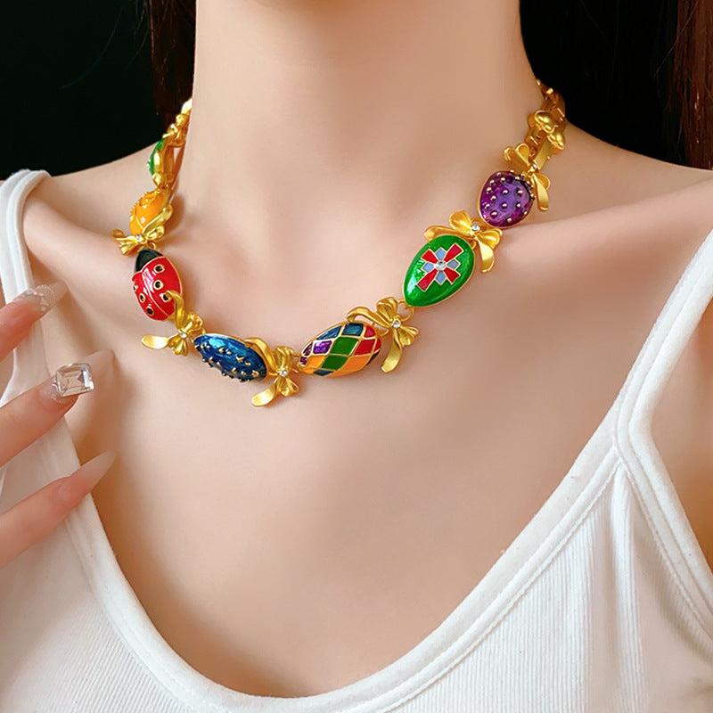 Medieval vintage Water Drop Flower Bow Necklace Palace Style Diamond Inlaid Oil Drop Collarbone Chain High-end Jewelry