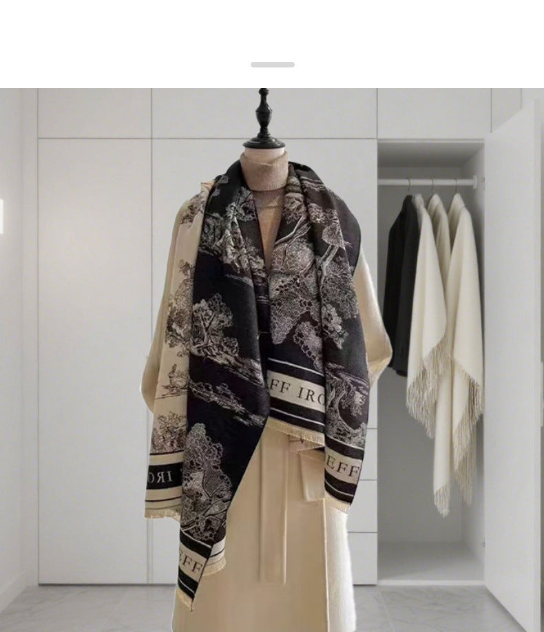 Light Luxury Style Imitation Cashmere Jacquard Shawl for Women Winter Warm Double-Sided Printed Landscape Scarf Outerwear Layering Neck Warmer