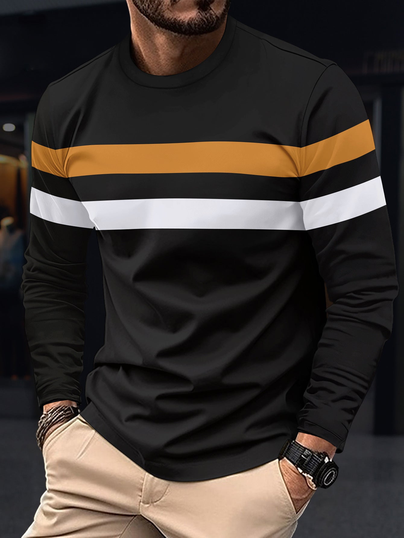 Cross-Border Trade Plus Size Autumn Winter Men's Crew Neck Long Sleeve Color Block Base Shirt Pullover Thin Long Sleeve T Men's T-shirt