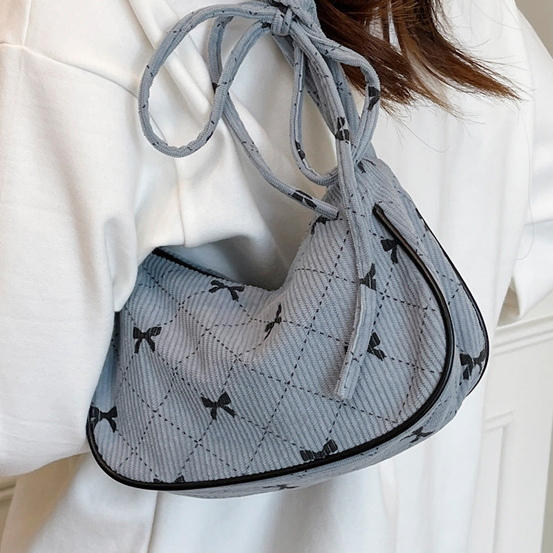 Sweet Bow Plaid Single Shoulder Underarm Crescent Bag2024Autumn new simple casual large capacity handbag