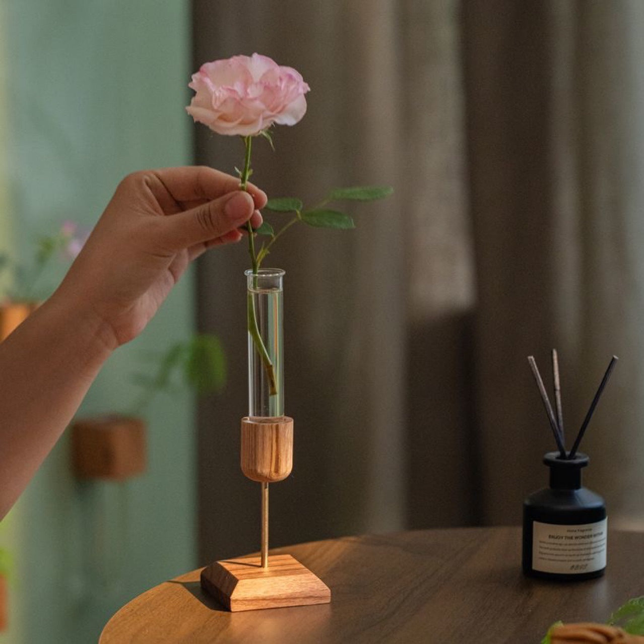 Creative Home Desktop Ornament Wooden Vase Test Tube Transparent Glass Hydroponic Plant Flower Arranger Simple Country Style