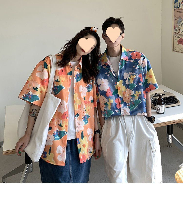 Summer Short Sleeve Floral Shirt for Men and Women Hawaiian Retro Hong Kong Style Loose Ice Silk Shirt Couple Outfit