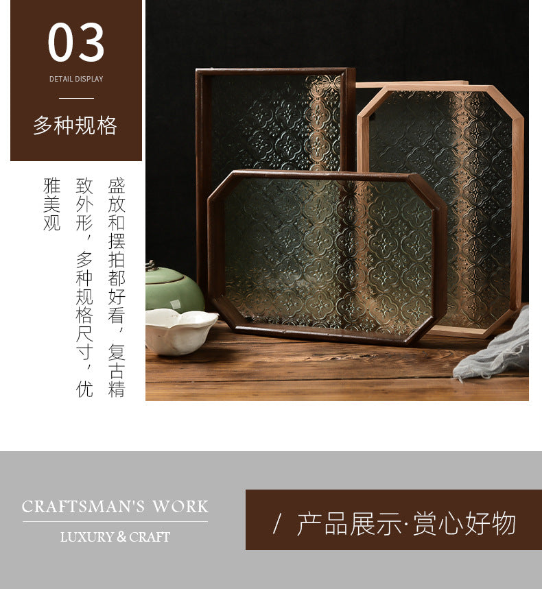 Begonia Embossed Glass Tray Walnut Color Rectangular Tea Tray Storage Ornaments Tea Water Cup Fruit Snack Plate
