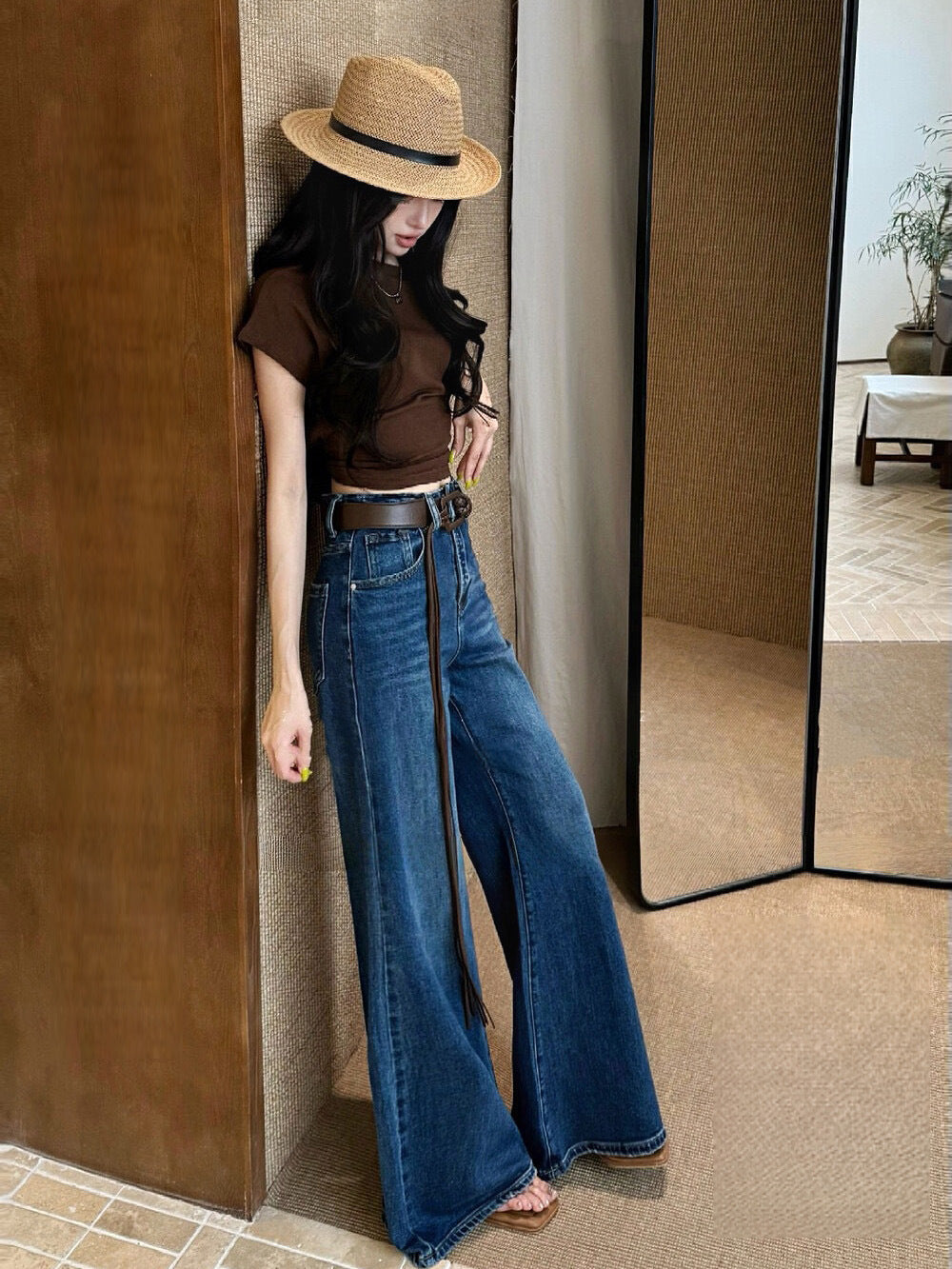 Quality Denim Wide-Leg Pants for Women2025New Autumn Casual High-Waisted Loose Flared Slimming Straight Pants