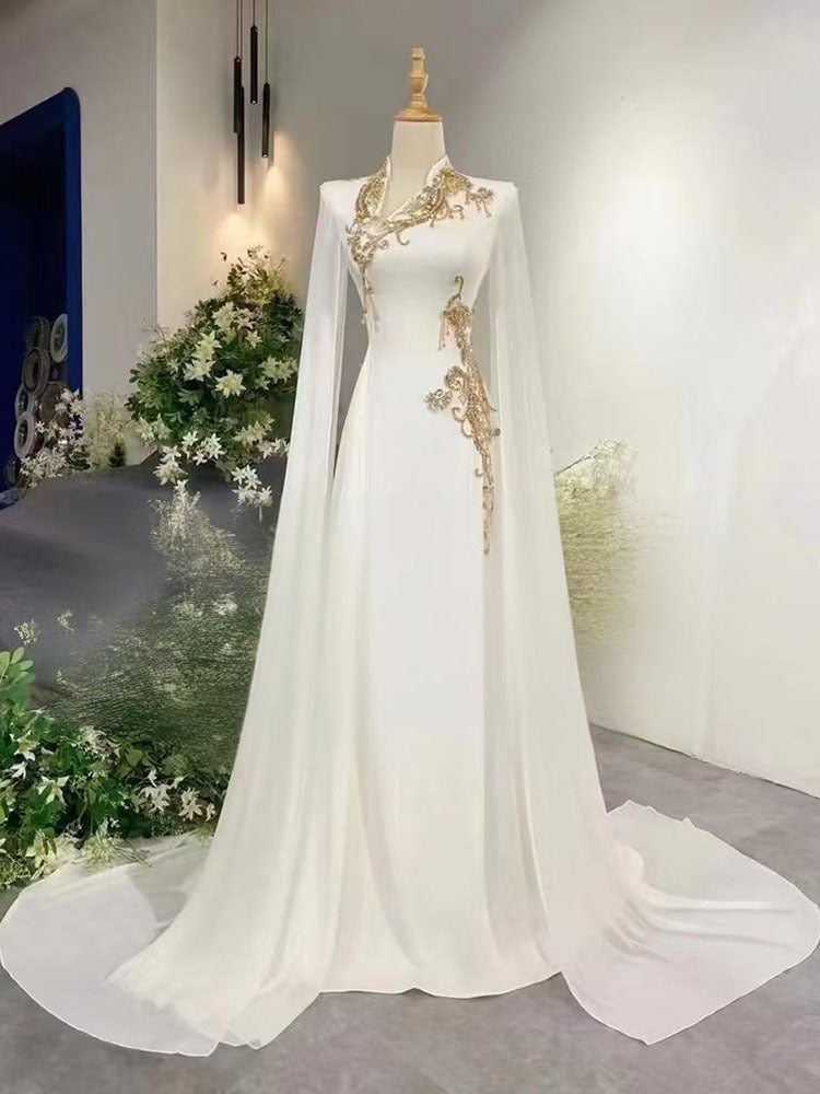 White evening dress with a high-end feel2025New Model Music Student Art Exam Vocal Performance Female Singer Folk Song Solo Performance Elegant
