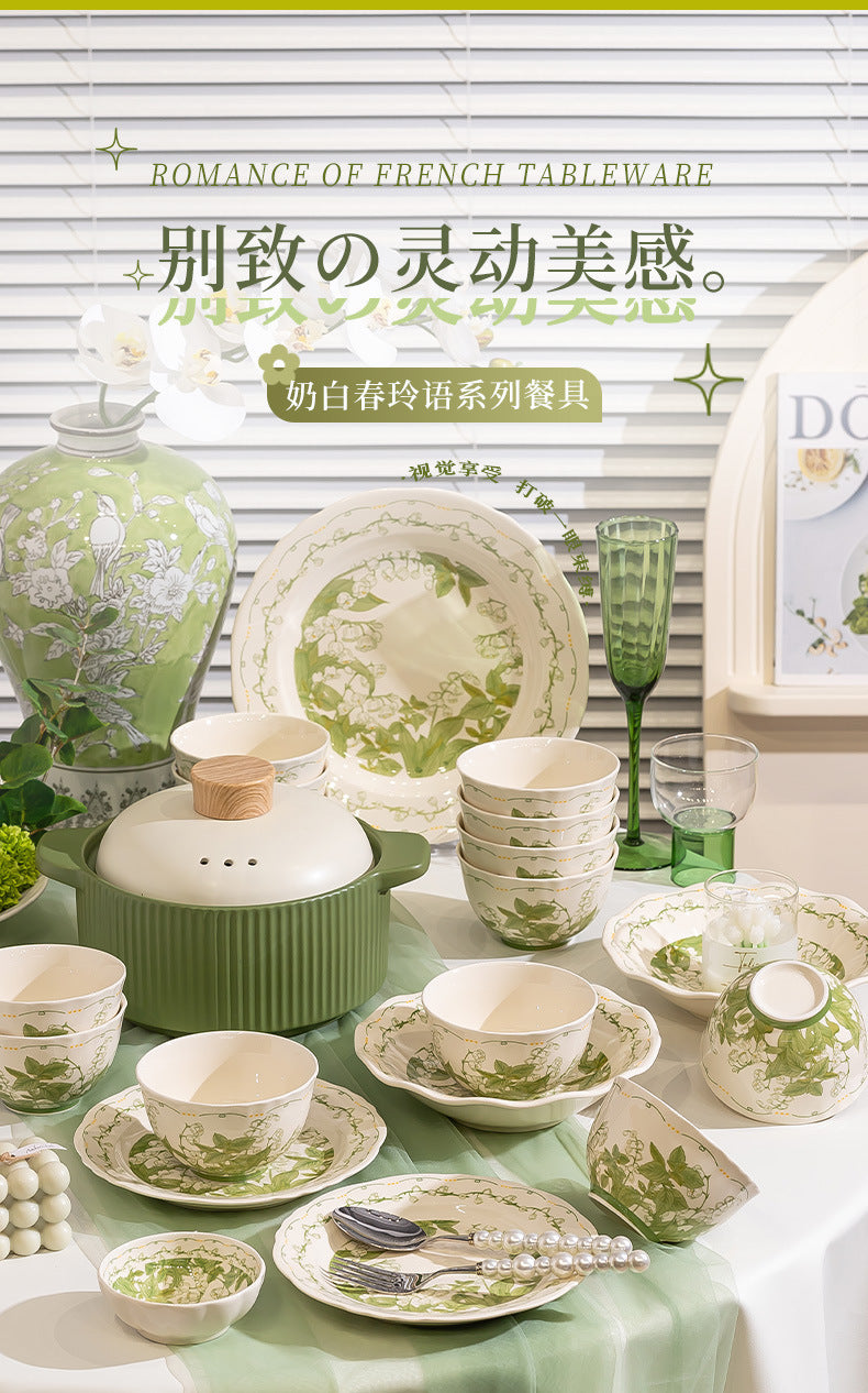 Lily of the Valley Bowl and Plate Set Household Ceramic Tableware Set Pastoral Style High-Value Underglaze Color Vegetable Plate Soup Plate Bowl and Chopsticks