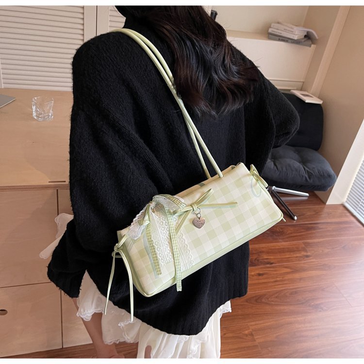 Dopamine Plaid Handbag Small Tote Bag for Women Summer2025New Ballet Style Bow Baguette Bag Underarm Bag Trendy