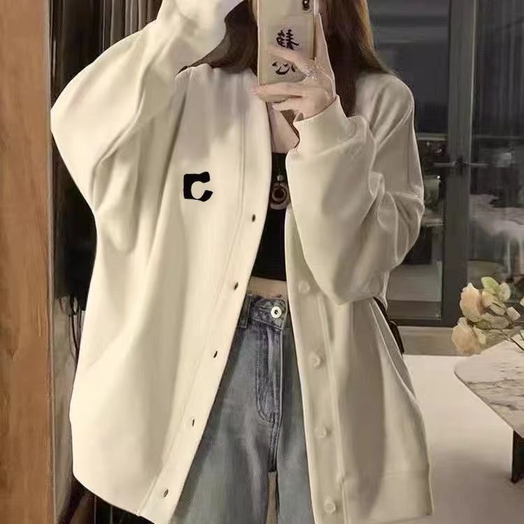 Cardigan Sweatshirt Jacket Women Baseball Jacket Loose Versatile Embroidery V Lazy Style Couple's Collared Top