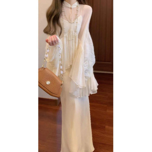 New Chinese Style National Style Set Cool and Relaxed Feel Strap Dress Stand Collar Top Elegant and Decent Two-Piece Dress Set