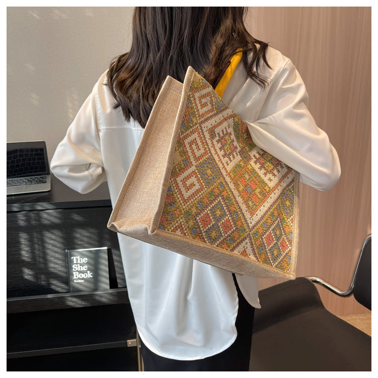 Large Capacity Commuter Bag Women2023New Fashion Single Shoulder Tote Bag Ethnic Style Student Handbag Class Bag Trendy