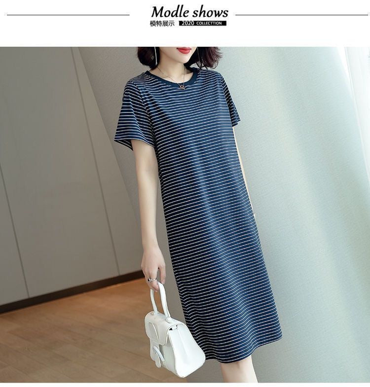 Summer Waist-Cinching Dress Plus Size Middle-Aged and Elderly Mom Outfit Mid-Length Striped Short Sleeve T Women's T-shirt Skirt Cross-Border Wholesale
