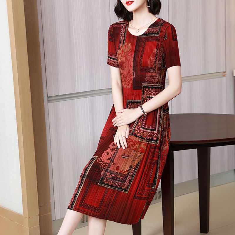 Pleated Printed Short Sleeve Mid-Length Mom Dress2025Summer Retro Round Neck Casual Loose Plus Size Dress