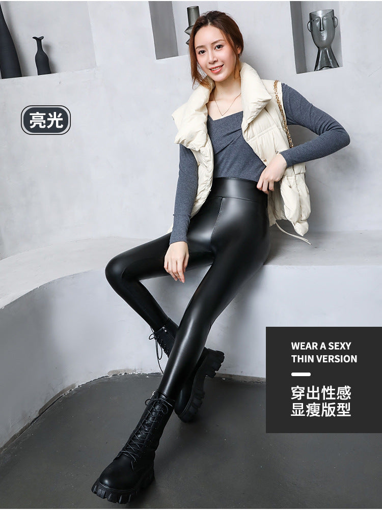 PU Women's Leather Pants Autumn Winter Long Pants Base Pants Fleece Lined Thickened High Waist Slimming Windproof Waterproof Outdoor Wear Wholesale