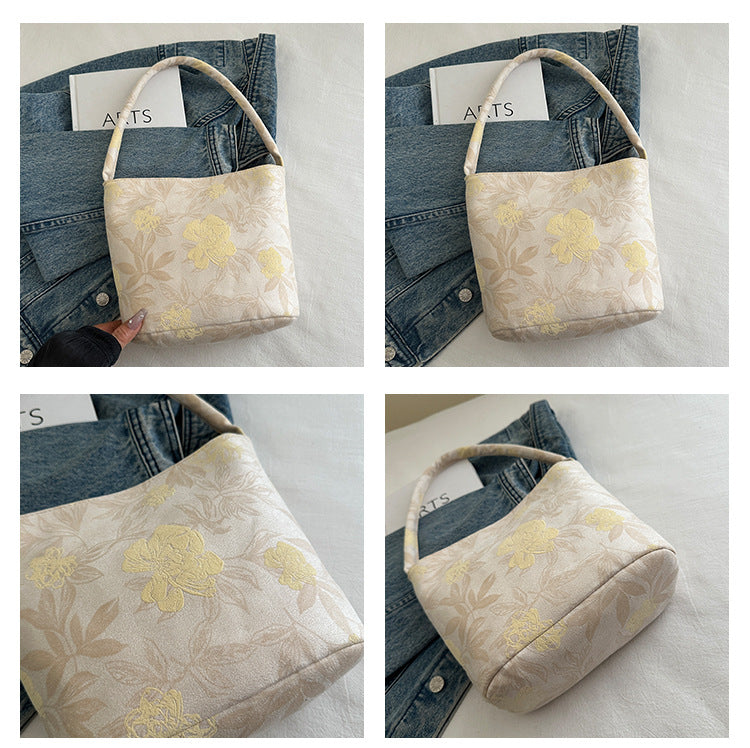 Lady's New Chinese Style Starlight Dream Tote Bag Black Shoulder Bag Embroidered Flower Vintage Handbag
