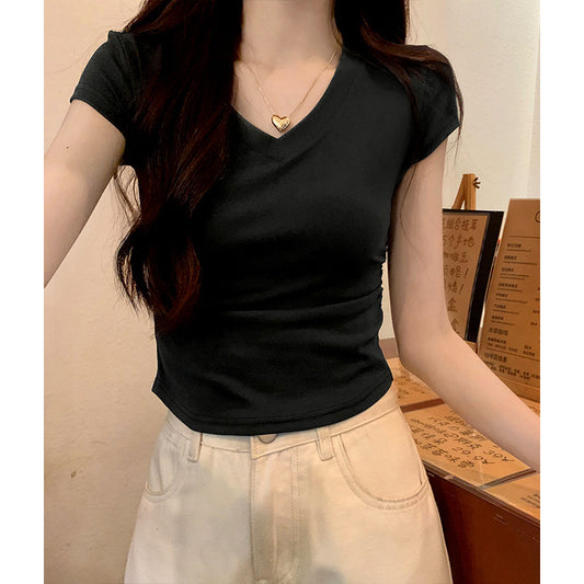 White Slim Fit Ruched t Women's Summer T-shirt2024New design with a structured shoulder and waist-cinching effect for a slimming look V Collar Short Sleeve Top