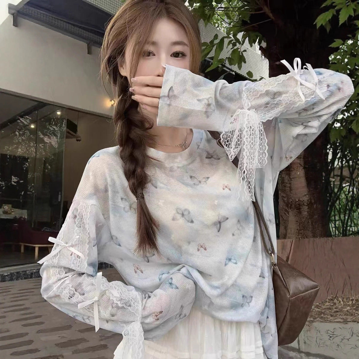Dopamine Star Sun Protection Long Sleeve Knit Top Autumn2024New Loose Bowknot Design Niche Top