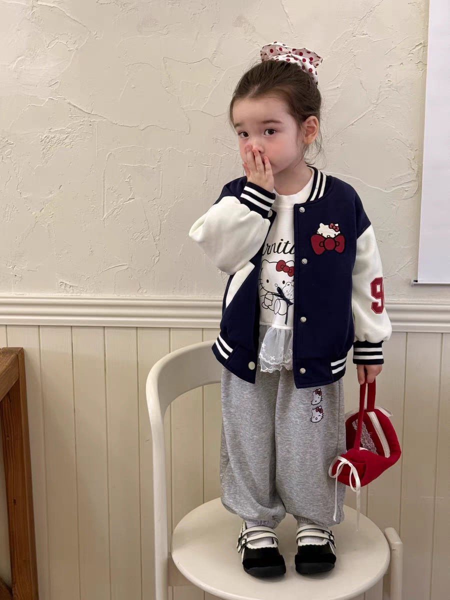 Sweet Little Chef Children's Clothing2025Autumn New Cute Girls' Toddler Outfit KT Cat Color Block Baseball Jacket Cartoon Sweatshirt Trendy